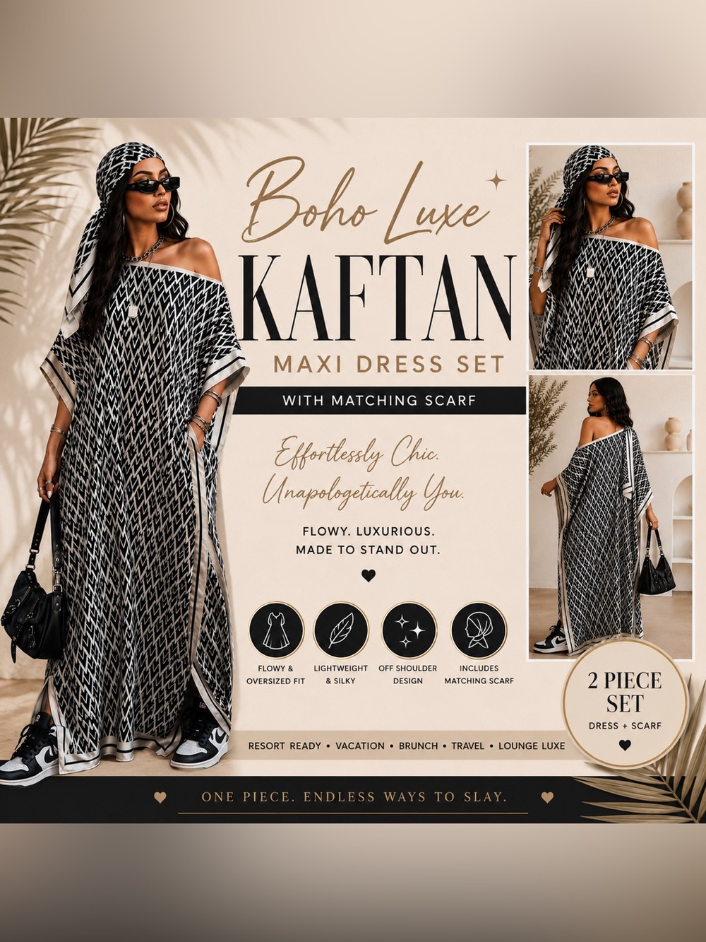 Luxury Black & Cream Kaftan Maxi Dress Set w/ Matching Scarf Resort Wear